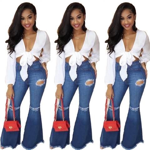 Jean Évasé Taille Haute Pour Femme Denim Vieilli Déchiré Avec Bord Franc Streetwear Vintage Pantalon Long Large