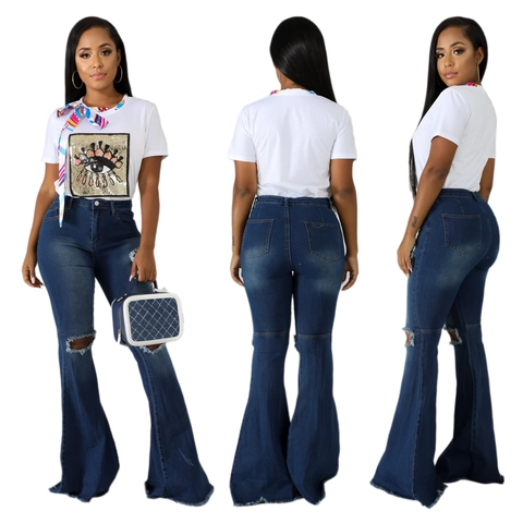 Pantaloni Jeans a Campana a Vita Alta Strappati da Donna Effetto Usurato Con Orlo a Taglio Vivo Streetwear Casual Moda Denim