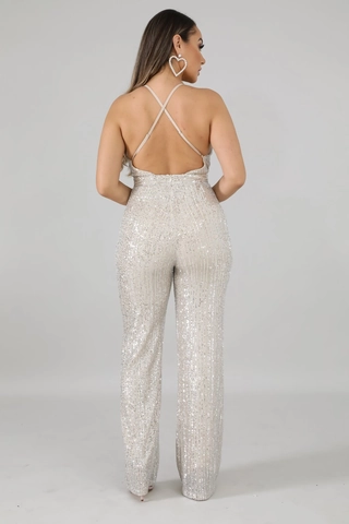 Sexy Backless Sequin Jumpsuit For Women Deep V Neck Spaghetti Strap Wide Leg Long Pants Party Nightclub Sparkly Romper