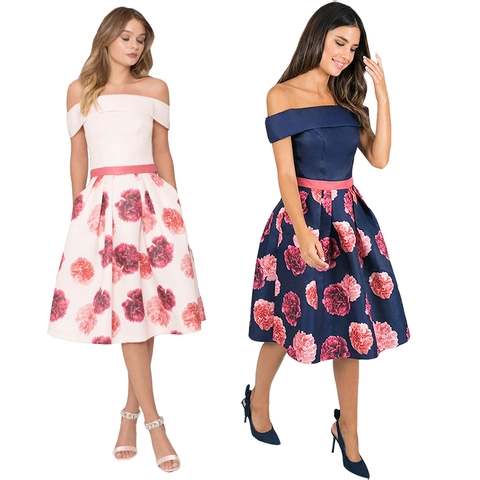 Abito Midi da Donna Elegante con Spalle Scoperte e Stampa Floreale in Misto Cotone Satinato a Trapezio con Cintura per Banchetti
