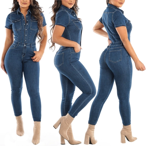 Dames Slim Fit Denim Jumpsuit Korte Mouw Revers Knoopsluiting Stretch Denim Romper Sexy Gewassen Denim Eendelig Lange Broek