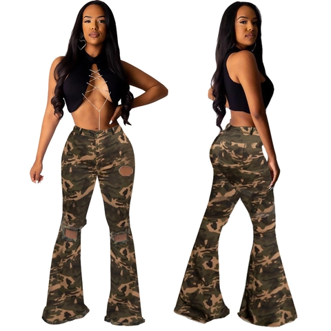 Jeans Donna Sexy Mimetici a Campana Streetwear Alta Elasticità Vita Media Pantaloni in Denim Mimetici