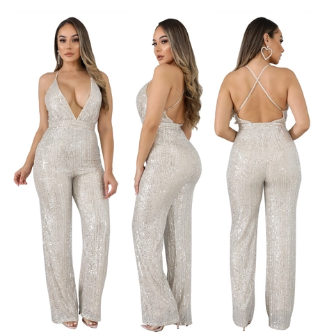 Sexy Backless Sequin Jumpsuit For Women Deep V Neck Spaghetti Strap Wide Leg Long Pants Party Nightclub Sparkly Romper