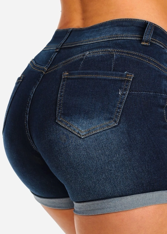 Pantaloncini di Denim Casual da Donna Con Risvolto Vita Alta Lavati Slim Fit Elasticizzati Jeans Hot Pants Streetwear Blu Estate