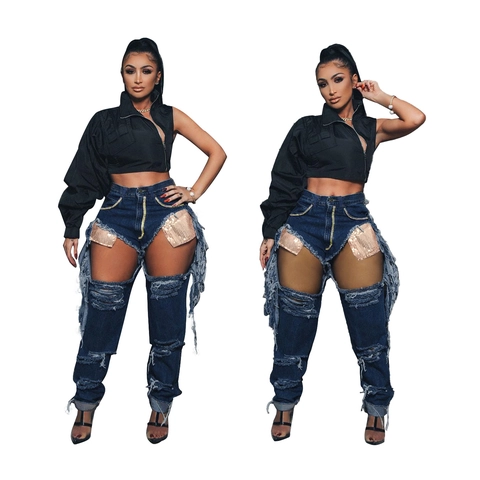 Women's Street Punk Cotton Two Piece Set Asymmetric Crop Top And Rhinestone Distressed Tassel Denim Jeans Top And Bottom Set