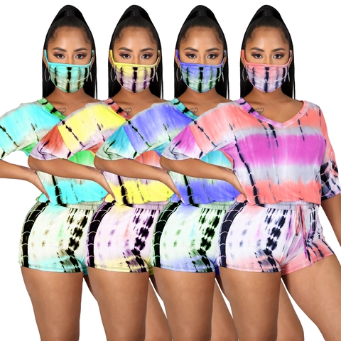 Women Tie-Dye Lounge Outfits V-Neck Short Sleeve Top And Drawstring Shorts And Matching Mask Casual Summer Cotton Blend Sweatsuit