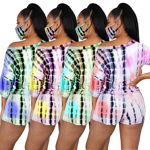 Women Tie-Dye Lounge Outfits V-Neck Short Sleeve Top And Drawstring Shorts And Matching Mask Casual Summer Cotton Blend Sweatsuit
