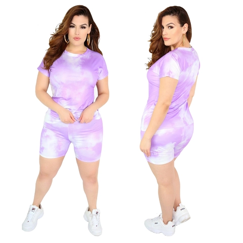 Tuta Sportiva da Donna Taglie Forti Casual Tie Dye Con Top e Pantaloncini da Ciclista a Vita Alta per Sport Estivi