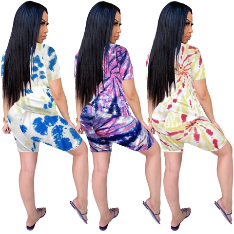Women's Casual Tie-Dye Print Top And Shorts Round Neck Short Sleeve T-Shirt High Waist Biker Shorts Activewear Yoga Outfit