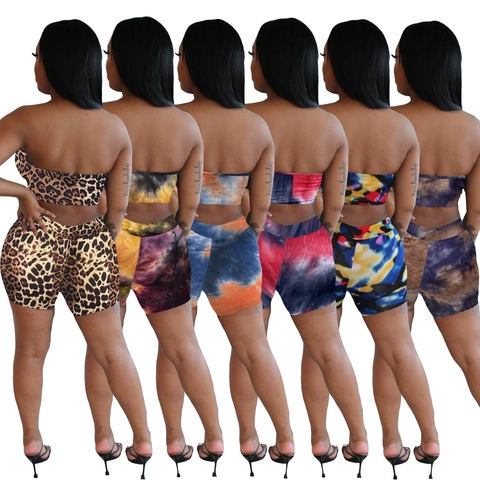 Women Leopard Tie Dye Print Tube Top And High Waist Shorts Summer Casual Streetwear Sexy Outfit Apparel Clothing
