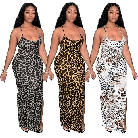 Robe Longue Sexy pour Femmes Dos Nu Imprimé Léopard Avec Fente Latérale Été Mélange de Lin Robe Bandage