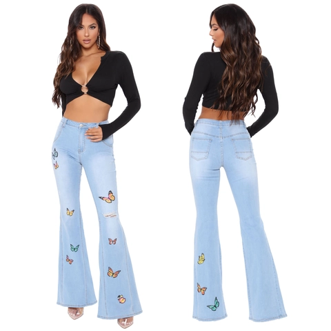 Jeans Donna a Campana a Vita Alta Ricamo Farfalla Jeans Denim Strappati Retro Jeans Blu Chiaro