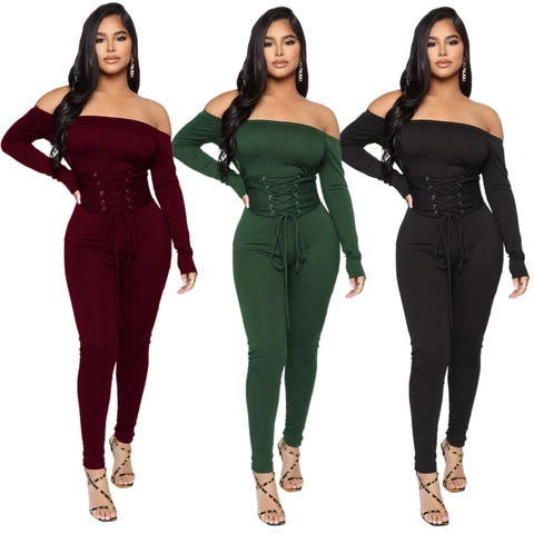 Tuta da Donna Sexy Spalle Scoperte Manica Lunga con Allacciatura Corsetto Aderente Tinta Unita Streetwear per Feste Serata