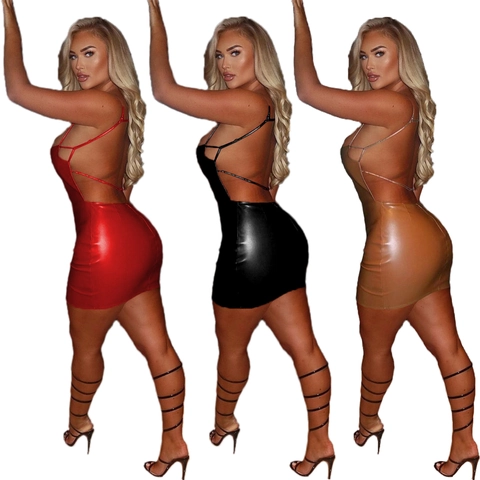 Sexy Women Faux Leather Backless Mini Dress Spaghetti Strap PVC Party Clubwear Bodycon Dress Solid Color Summer Vestidos