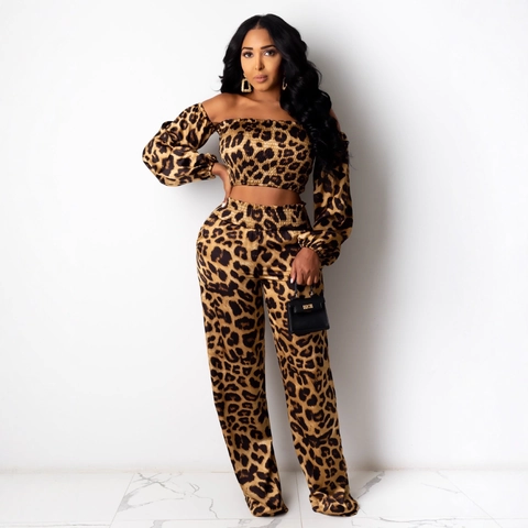 Dames Luipaardprint Tweedelige Set Off-shoulder Lantaarnmouw Crop Top En Hoge Taille Wijde Pijpen Broek Mode Outfit