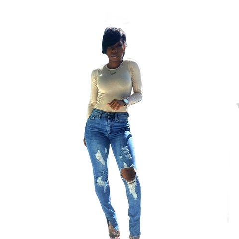 Vrouwen Hoge Taille Gescheurde Skinny Jeans Distressed Slim Fit Denim Broek Met Zijsplit Street Style Blauw