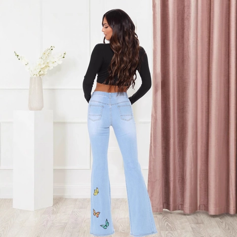 Jeans Donna a Campana a Vita Alta Ricamo Farfalla Jeans Denim Strappati Retro Jeans Blu Chiaro