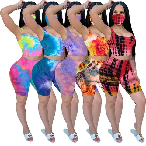 Dames Tie Dye Mouwloos Crop Top Hoge Taille Biker Shorts Bijpassende Masker Set Tie Dye Print Casual Sportief Zomer Outfit