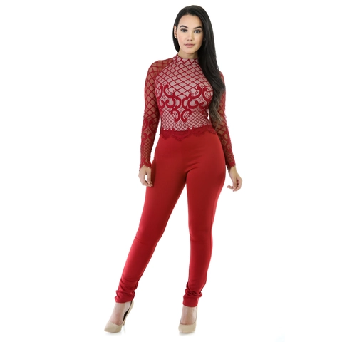 Sexy Spitze Mesh Langarm Jumpsuit Elegant Baumwollmischung Slim Fit Einteiler Body Rückseite Reißverschluss Rot Clubwear