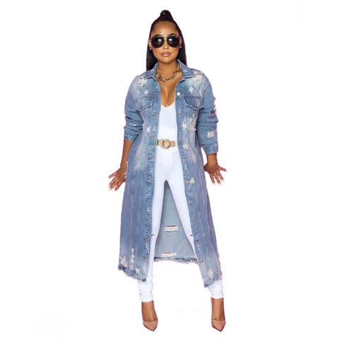 Damen Fashion Distressed Zerfetzt Lang Denimmantel Hellblau Gewaschen Einreihig Ausgefranster Saum Überlang Jeans Windjacke Oberbekleidung
