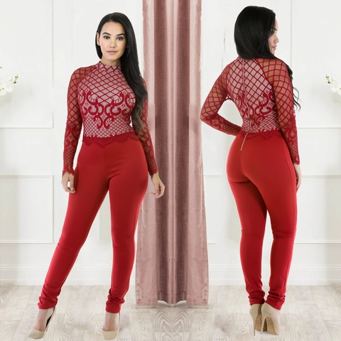 Sexy Spitze Mesh Langarm Jumpsuit Elegant Baumwollmischung Slim Fit Einteiler Body Rückseite Reißverschluss Rot Clubwear