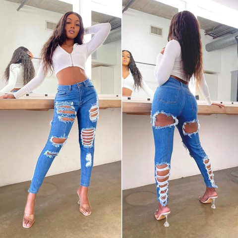 Dames Hoge Taille Gescheurde Skinny Jeans Distressed Cutout Denim Broek Sexy Slim Fit Gewassen Stretch Potloodbroek Streetwear