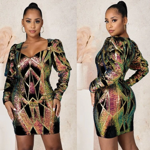 Vestido Mini Sexy Ajustado con Lentejuelas y Cuello en V Manga Larga Patrón Geométrico Vestido Brillante para Fiesta