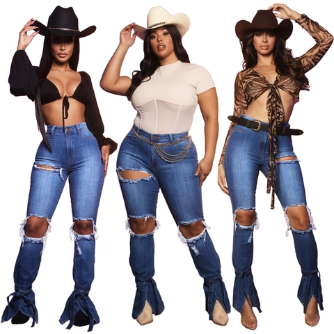 Damen High Waist Zerrissene Schlagjeans Distressed Cut Out Schnürung Saum Denim Hose Stretch Slim Fit Streetwear Mode