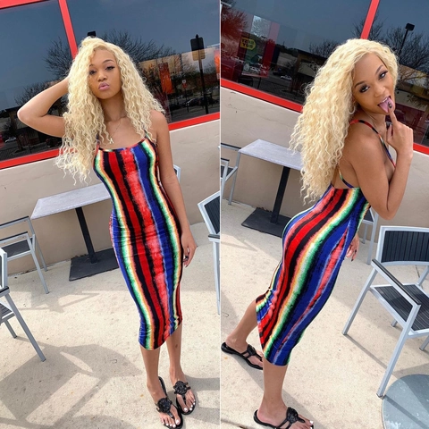 Abito Midi Bodycon a Righe Arcobaleno Sexy da Donna Con Spalline Sottili Schiena Scoperta Elastico per Vacanza Estiva