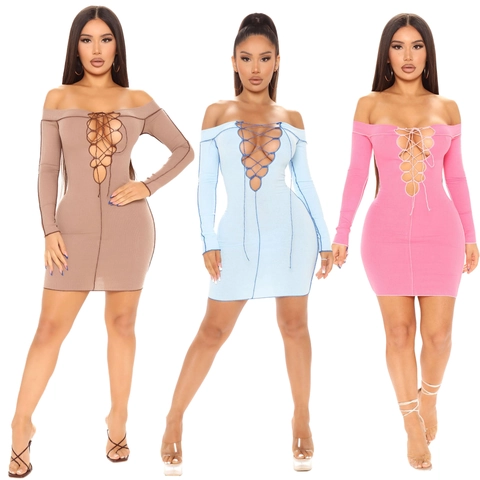 Women Sexy Off Shoulder Long Sleeve Ribbed Mini Dress Lace Up Front Bodycon Stitched Casual Party Dress Pink Blue Brown