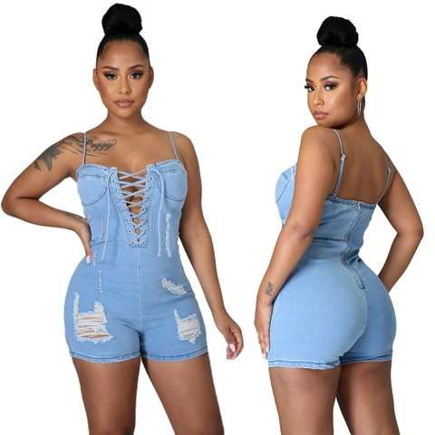 Barboteuse en Denim Sexy pour Femmes Lacets Bretelles Spaghetti Dos Nu Déchiré Lavé Jean Skinny Combinaison Streetwear Été Haut Pantalon