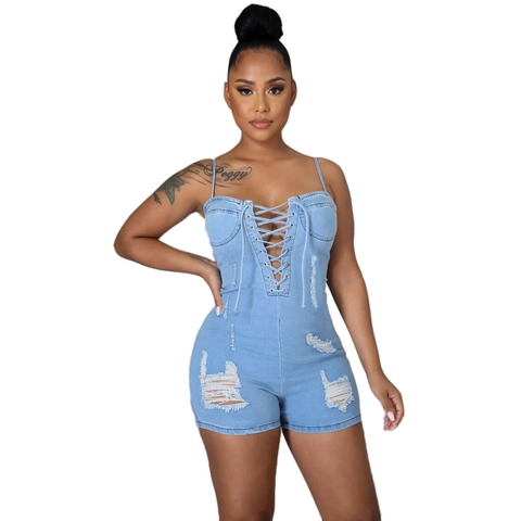 Barboteuse en Denim Sexy pour Femmes Lacets Bretelles Spaghetti Dos Nu Déchiré Lavé Jean Skinny Combinaison Streetwear Été Haut Pantalon