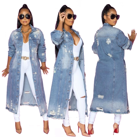 Damen Fashion Distressed Zerfetzt Lang Denimmantel Hellblau Gewaschen Einreihig Ausgefranster Saum Überlang Jeans Windjacke Oberbekleidung