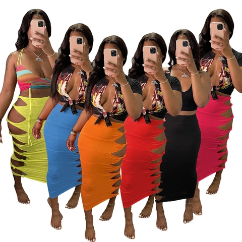 Set Gonna Maxi Top Donna Sexy Traforato Laterale Con Lacci Tinta Unita Gonna Lunga Bodycon Set Due Pezzi per Spiaggia Festa Vacanza