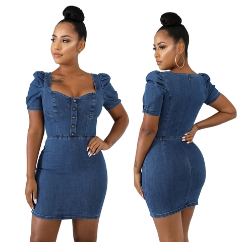 Vestito Donna Sexy Denim Mini Scollo Quadrato Maniche a Sbuffo Slim Fit Bodycon Abito di Jeans Bottone Frontale Cerniera