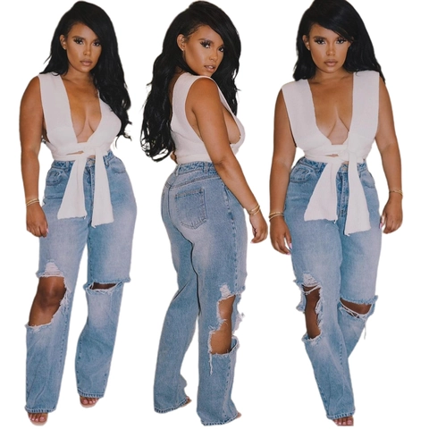 Damen High Waist Ripped Jeans Distressed Straight Leg Denim Hose Streetwear Blau Schwarz Gewaschen Casual Mode Lange Hose
