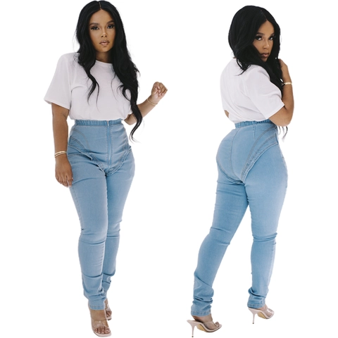 Women High Waist Stretch Skinny Jeans Light Blue Washed Slim Fit Pencil Pants With Front Zipper And Decorative Stitching