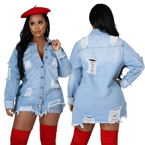 Women Oversized Distressed Denim Long Jacket Shirt Dress Button Down Long Sleeve Frayed Hem Light Blue Streetwear Outerwear