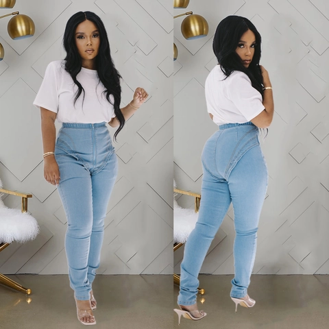 Women High Waist Stretch Skinny Jeans Light Blue Washed Slim Fit Pencil Pants With Front Zipper And Decorative Stitching