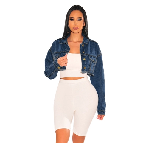 Damen Denim-Jacke Kurz Geschnitten Zerrissener Rücken Ausgefranster Saum Langarm Knopfleiste Jeansmantel Streetwear Oberbekleidung