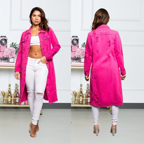 Abito Maxi in Denim Strappato Rosa Fucsia da Donna Manica Lunga Bottoni Sfilacciato Trench Streetwear Vestito di Jeans