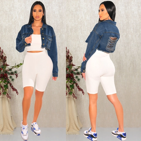 Damen Denim-Jacke Kurz Geschnitten Zerrissener Rücken Ausgefranster Saum Langarm Knopfleiste Jeansmantel Streetwear Oberbekleidung