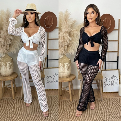 Set Donna Sexy Top in Rete Intagliata E Pantaloni a Zampa Allacciatura Anteriore Manica Lunga Trasparente Spiaggia Vacanza