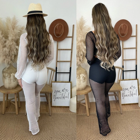 Set Donna Sexy Top in Rete Intagliata E Pantaloni a Zampa Allacciatura Anteriore Manica Lunga Trasparente Spiaggia Vacanza