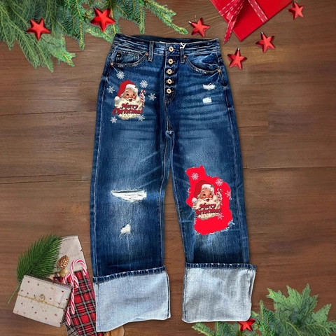 Jeans Dritti Strappati Natalizi da Donna con Stampa Babbo Natale e Fiocco di Neve Pantaloni in Denim Lavato Merry Christmas Vita Media