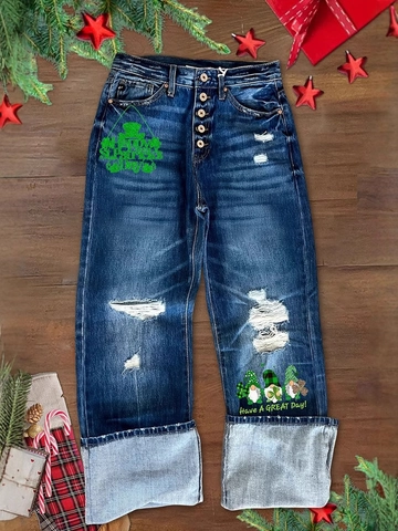 Damen St. Patrick's Day Zwerg Kleeblatt Druck Distressed Straight Leg Jeans Vintage Washed Denim Hose Mehrknopf Lange Hose