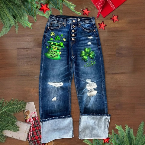Jeans da Donna a Gamba Dritta Strappati per San Patrizio Blu Scuro Vita Media con Stampa a Trifoglio e Orlo Piegato