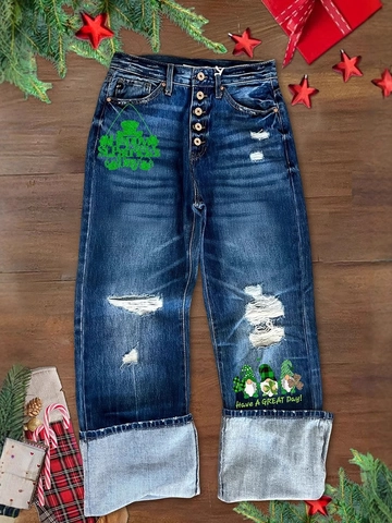 Damen St. Patrick's Day Zwerg Kleeblatt Druck Distressed Straight Leg Jeans Vintage Washed Denim Hose Mehrknopf Lange Hose