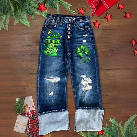 Jeans da Donna a Gamba Dritta Strappati per San Patrizio Blu Scuro Vita Media con Stampa a Trifoglio e Orlo Piegato