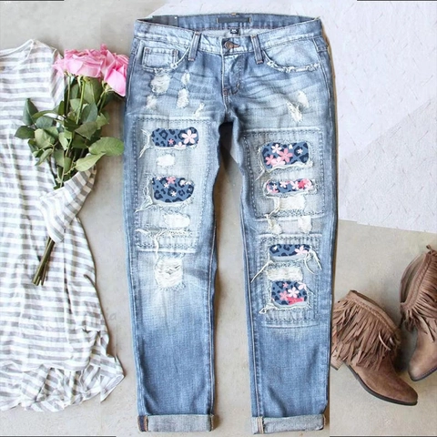 Damen Casual Ripped Straight Leg Jeans Mittlere Taille Denim Hose Mit Flamingo Orchidee Blumen Patches Mode Gewaschene Blaue Hose